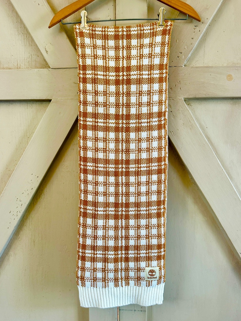 Timberland Plaid Knit Scarf Brown White Acrylic Cozy Winter